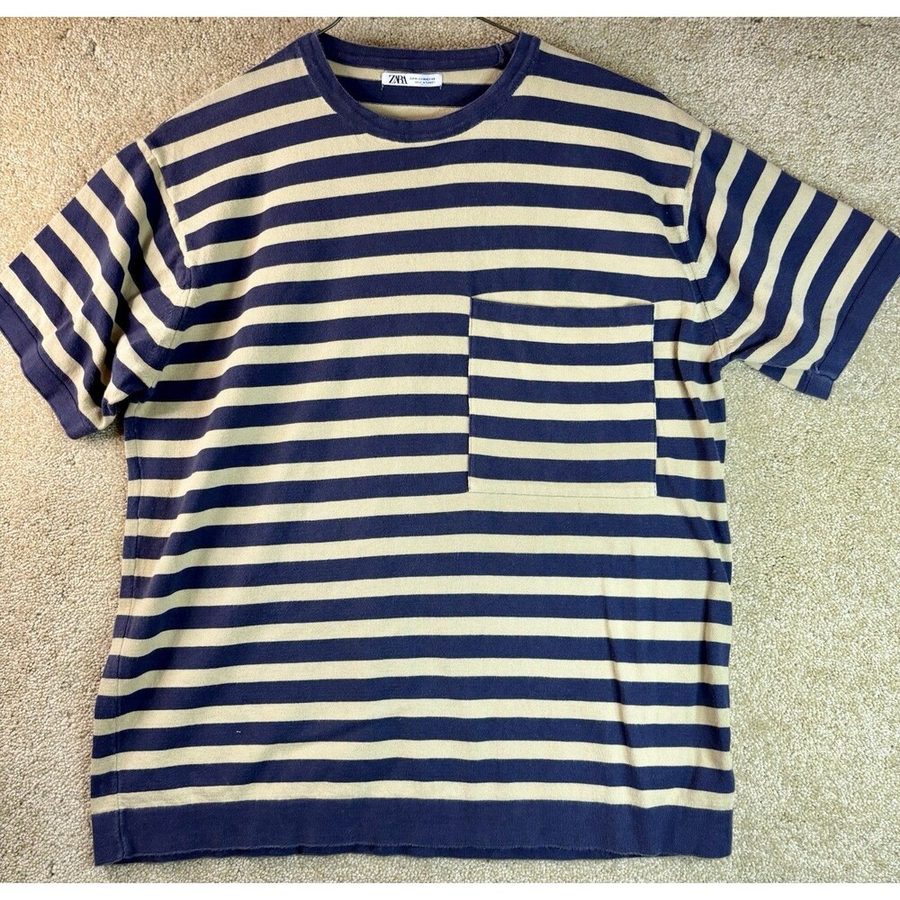 Zara Men’s Navy Tan T-Shirt Cotton Knit Striped Nautical Pocket Tee Minimalist